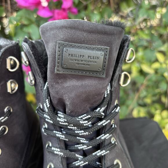 Philipp Plein Suede Leather Fur Lined Boots Croc Embossed Black Sz 41 main image 2